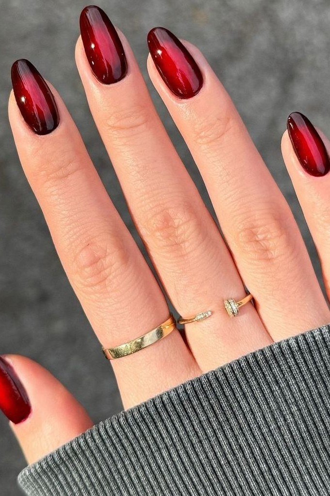 Red wine ombre on medium nails, glossy, ombre nail design for women over 60