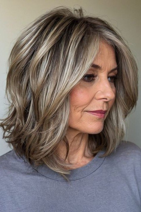 Gray-blend wavy lob haircut with modern silver tones for women over 40