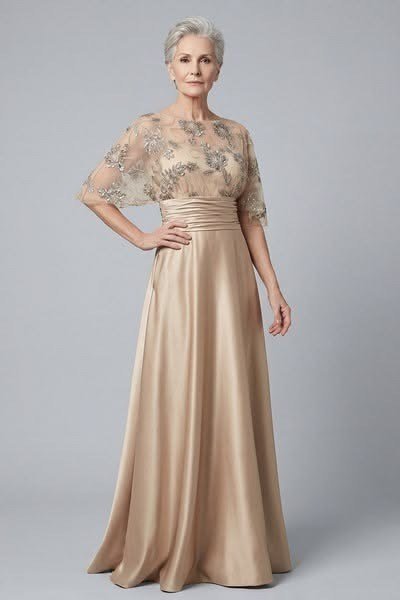Gold-Champagne Gown with Lace Illusion Capelet - evening outfit for women over 60