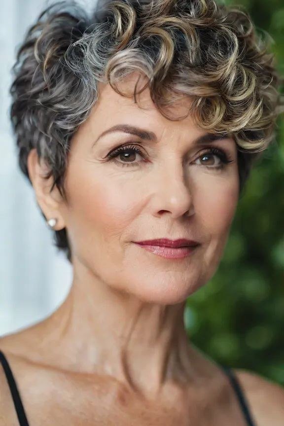 Curly pixie with full bangs for women over 50