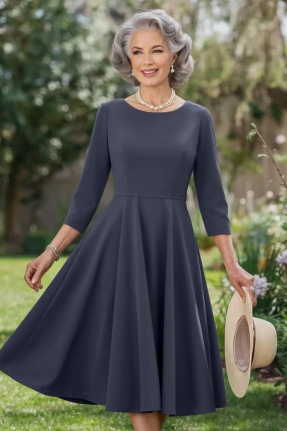 Navy Fit-and-Flare Dress outfit for women over 70, chic style idea 37