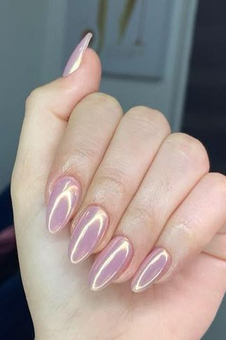 Iridescent Mauve Almond Nails, elegant mauve nail idea for women over 60