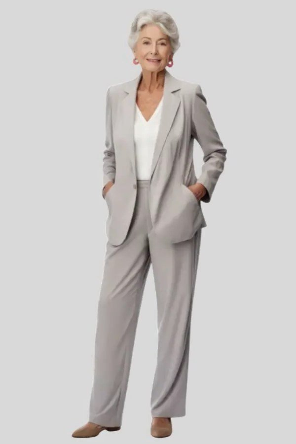 Woman over 50 wearing a light gray pantsuit with a white top