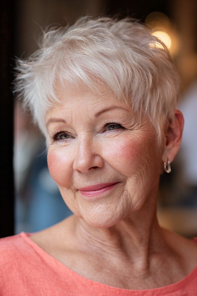 Angled blonde bob haircut for women over 70, side view