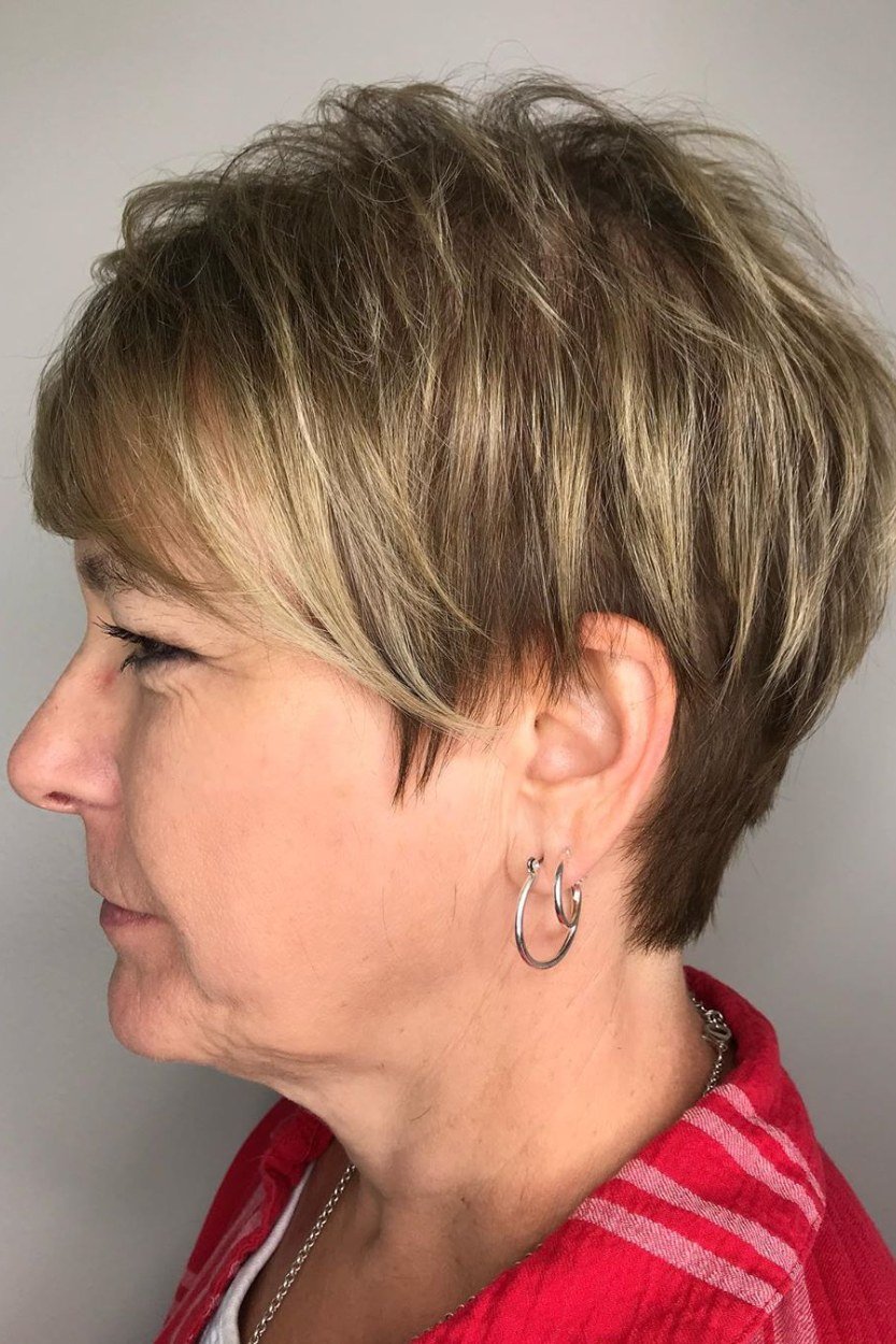 Golden blonde pixie haircut for women over 70, side view