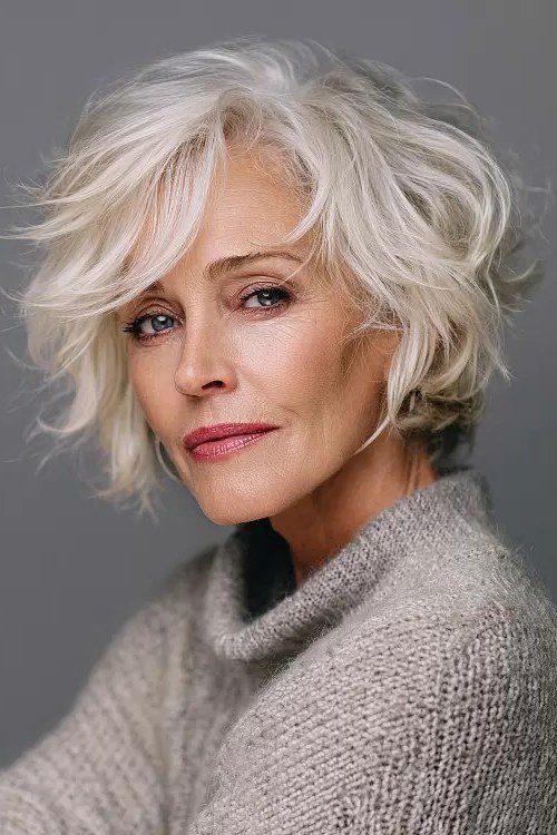 White wavy bob with side part - trendy short haircut for older women with fine hair
