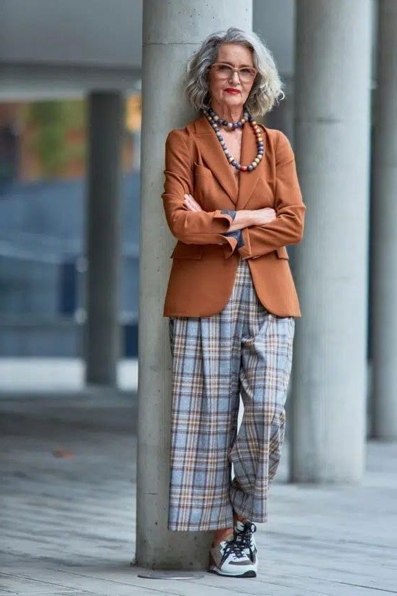 Rust blazer with plaid wide leg trousers for women over 60