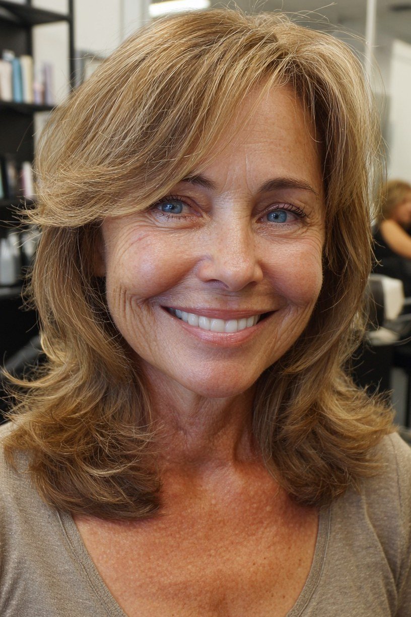 Brown layered shoulder hair, front view, woman in her 60s