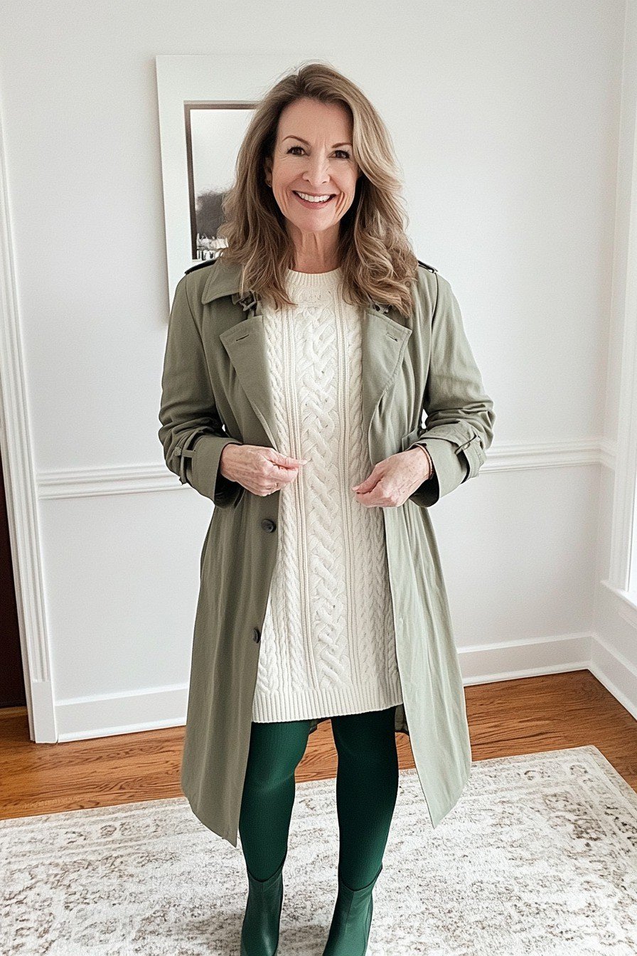 Olive Trench Coat With Green Tights - flattering outfit idea for women over 50, how to dress better over 50