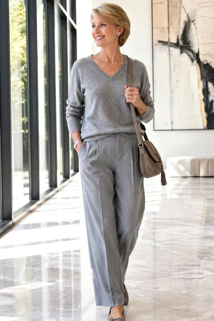 Grey Knit Sweater With Matching Grey Knit Trousers, smart casual outfit for women over 50