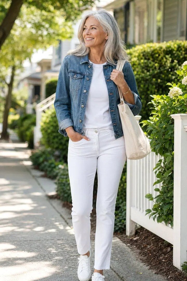 Easy casual outfit idea for women over 50: denim jacket and white jeans, older woman everyday style
