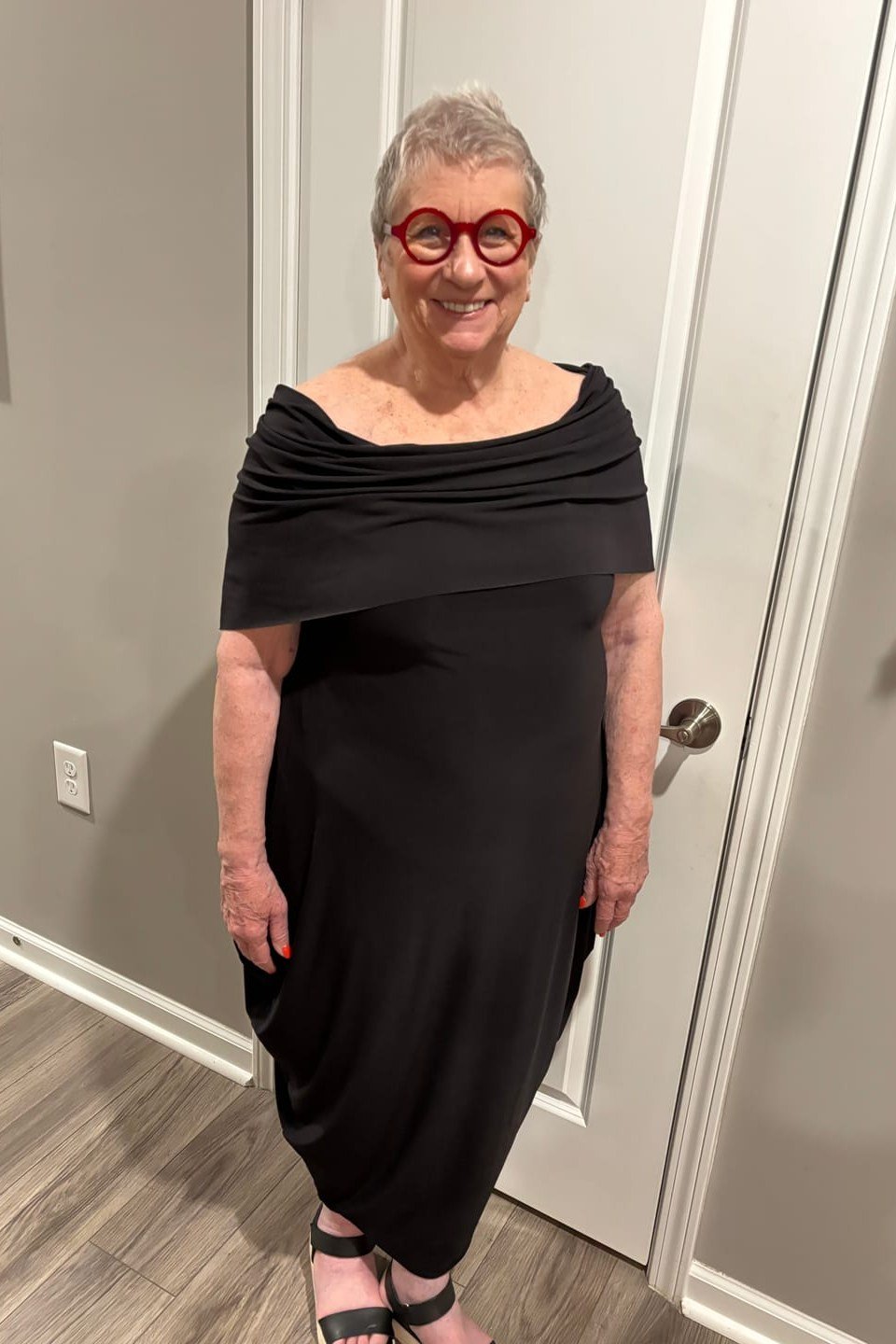 Black off-shoulder midi dress for women over 50