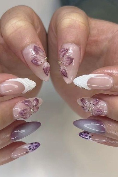 French with Purple Floral Art - elegant nail art idea for mature hands, women over 50
