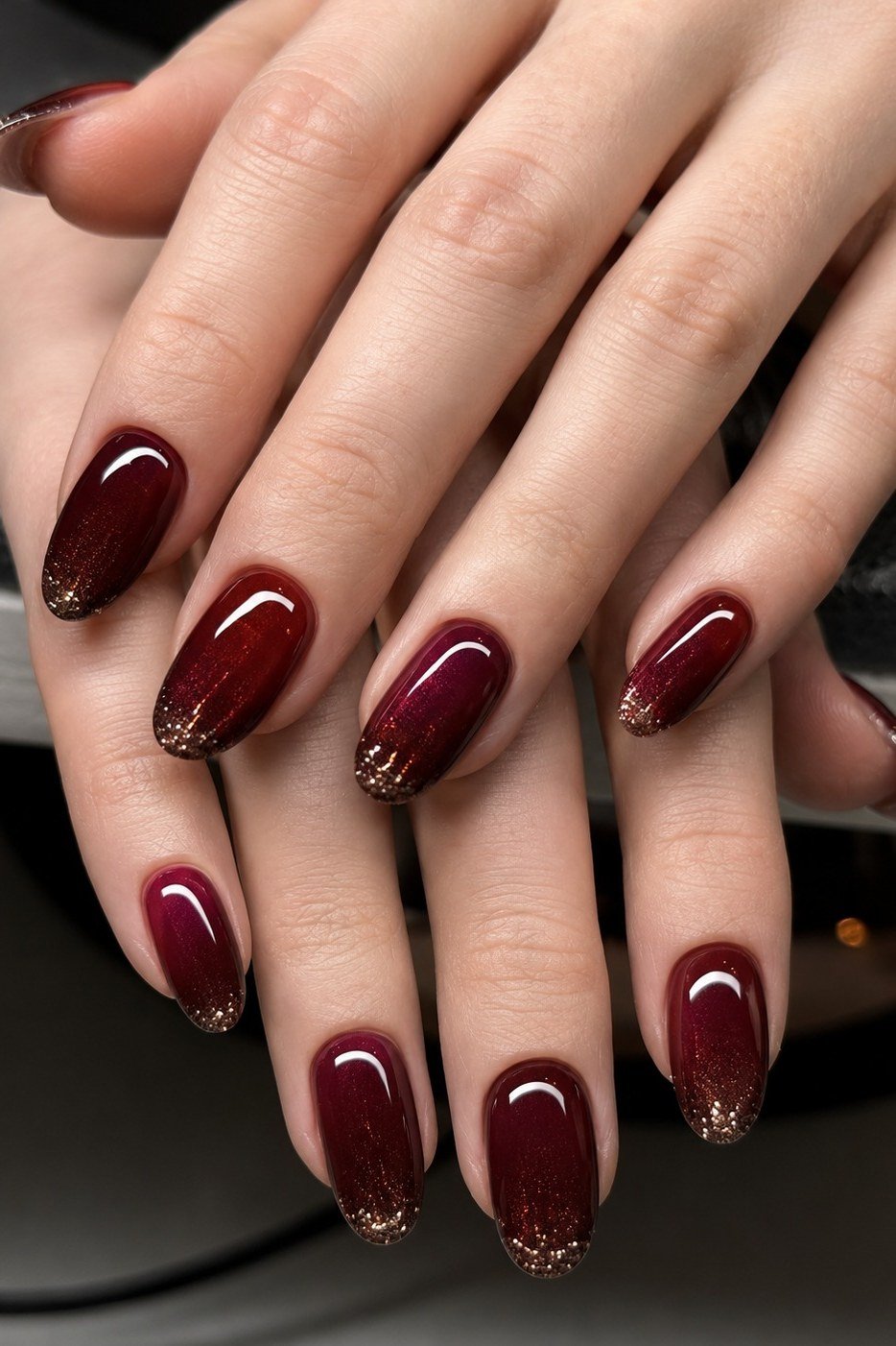 Burgundy Gold Glitter Tip Nails - burgundy gold glitter accent nails, glitter winter nail design for women over 60