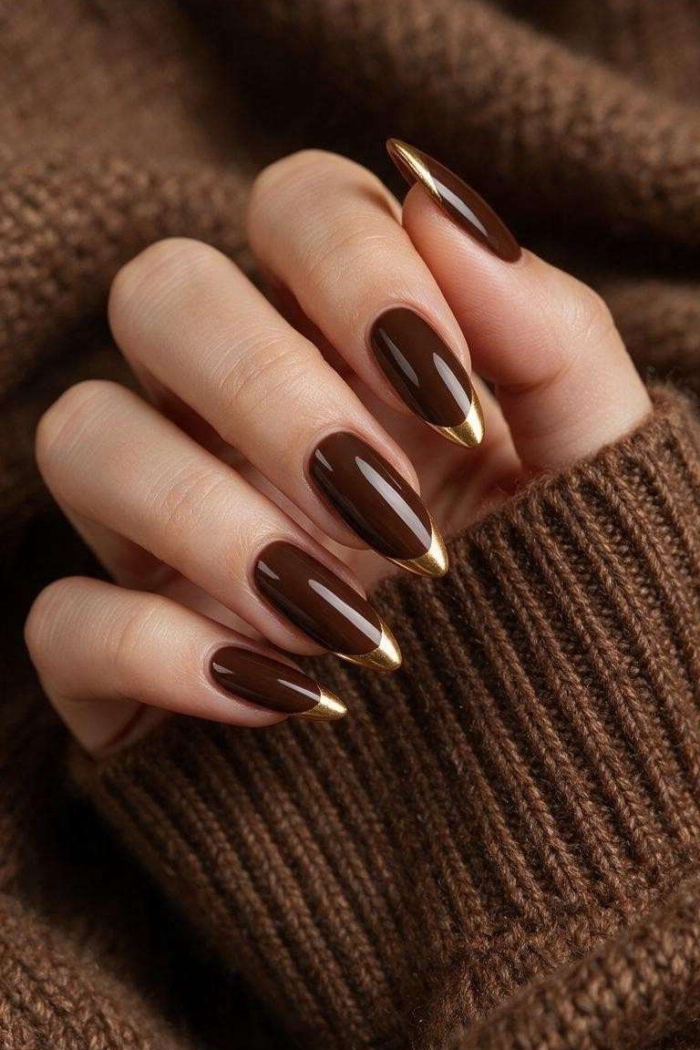 Chocolate Almond Nails with Brown Sweater, chocolate brown fall nail design for women over 60