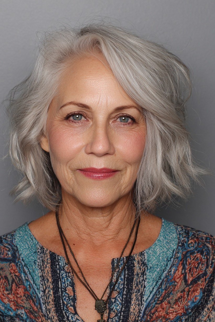 silver bob for women over 50, front view