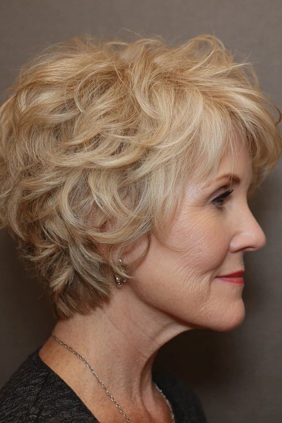 Blonde curly bixie haircut side view for women over 60