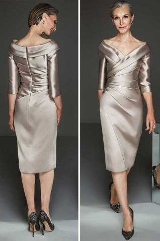 champagne satin dress, front and back views, elegant cocktail dress for women over 60
