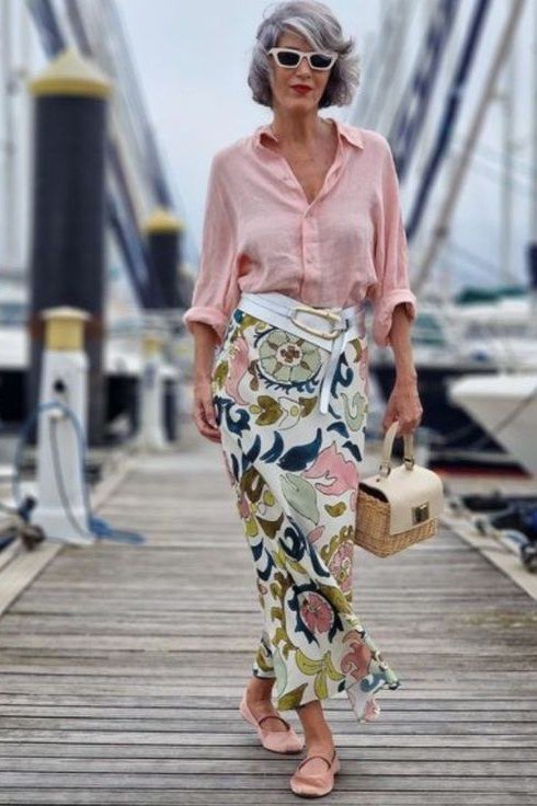 Pink Shirt with a Floral Maxi Skirt, classic casual outfit for women over 70