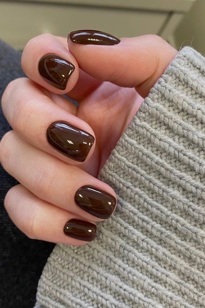 Espresso Brown Squoval Nails with a Grey Sweater - old money fall nail color for women over 40
