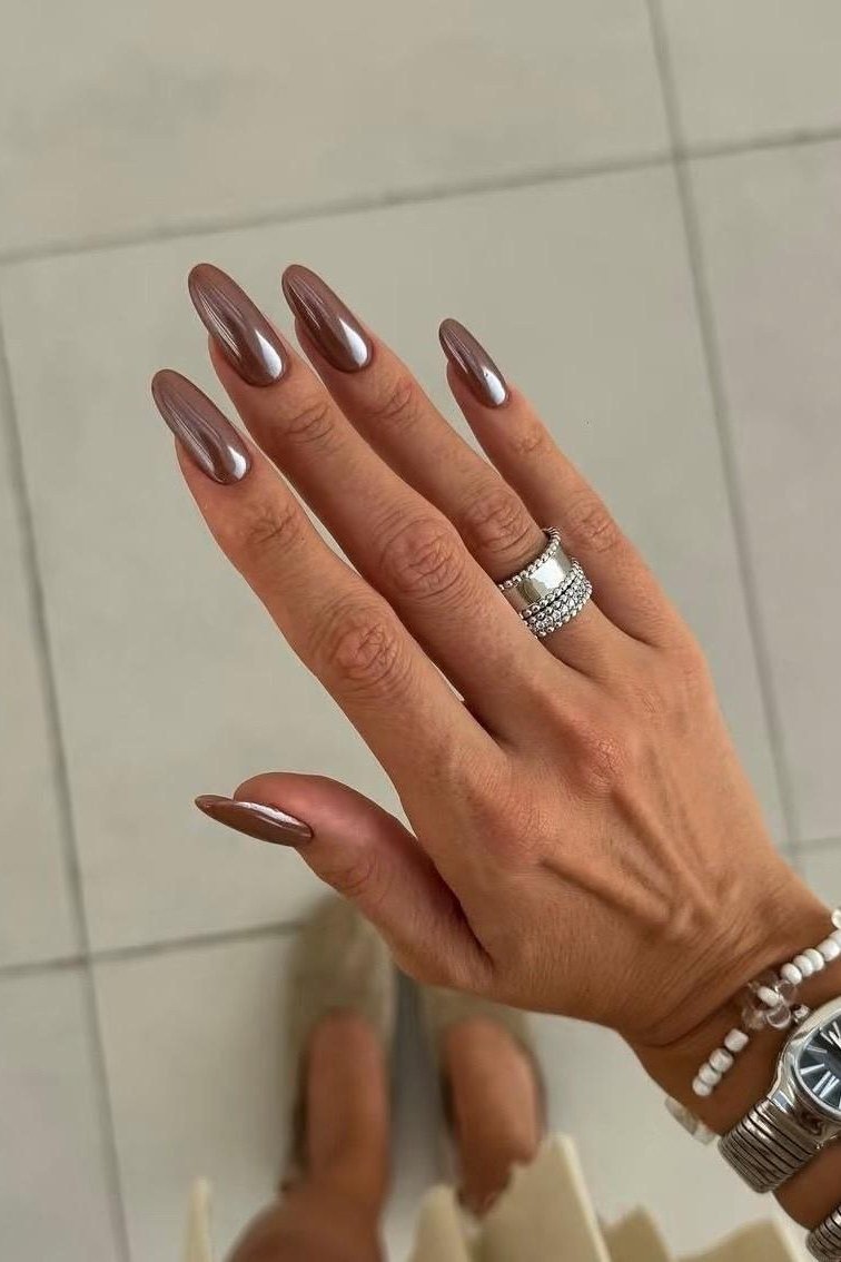 Bronze Chrome Almond Nails with Watch - brown nail idea for women over 50