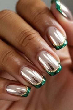 Silver Chrome with Emerald Green French Tips - chrome nail designs for women over 60