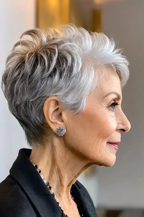 Textured silver wispy pixie with feathered bangs