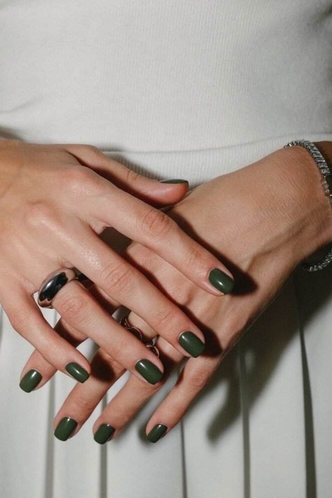 Dark Forest Green Glossy Nails for women over 60