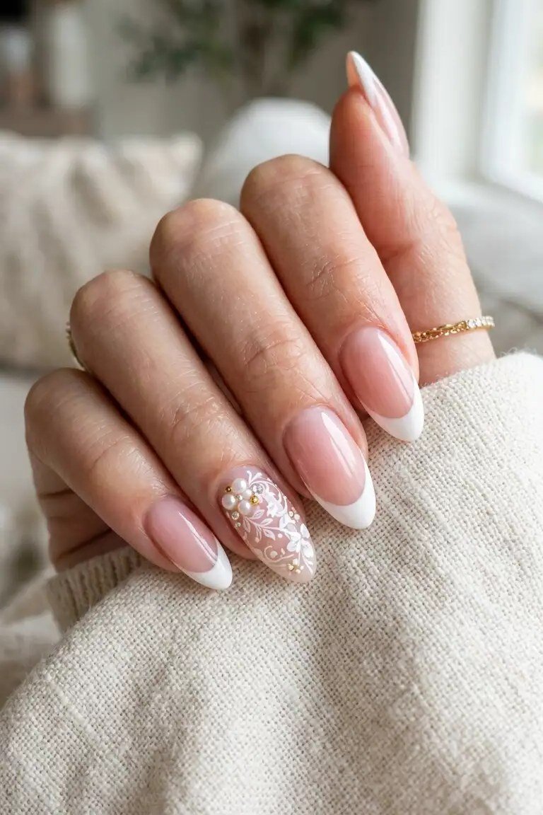 Bridal Lace and Pearl - micro french manicure with ultra-thin tip line, elegant nail design for women over 50