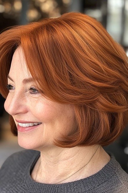 copper layered bob, 3/4 front view — chin-length layered bob hairstyle for women over 50