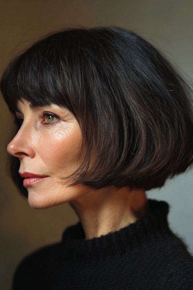 dark brunette textured bob with bangs - textured bob haircut idea for women over 60