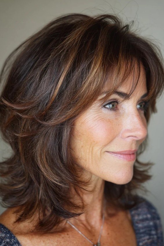 Dark Brown Layered Lob with Bangs - layered lob hairstyle for women over 60