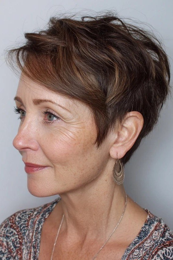 Warm Brown Textured Pixie - bold edgy pixie haircut for women over 50