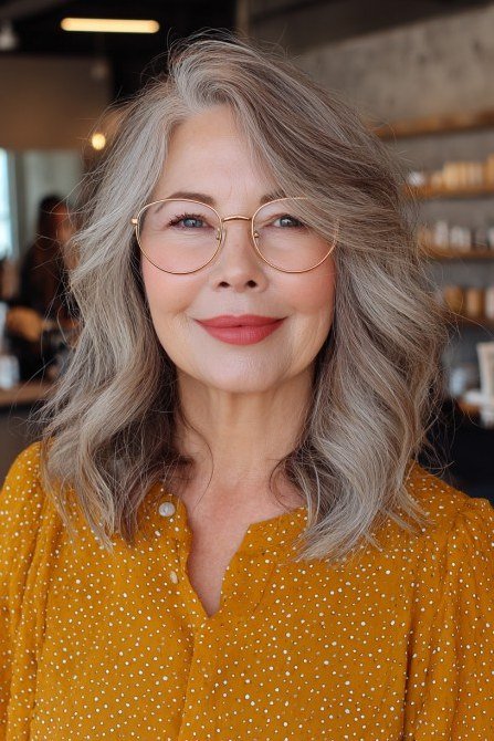 Gray wavy medium cut with thin gold-rimmed glasses for women over 60