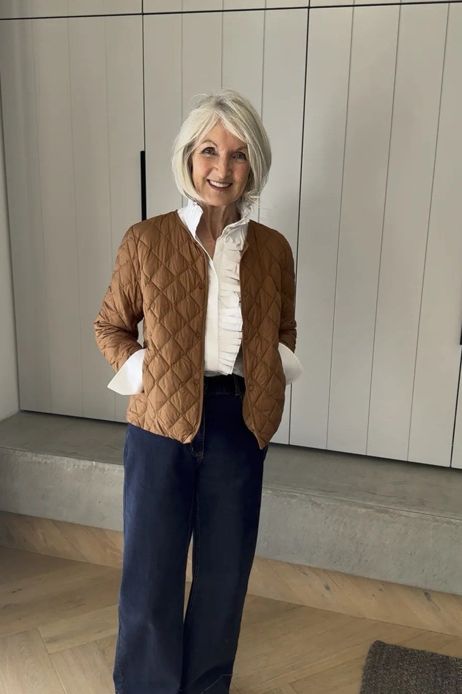 Brown quilted jacket outfit for women over 60