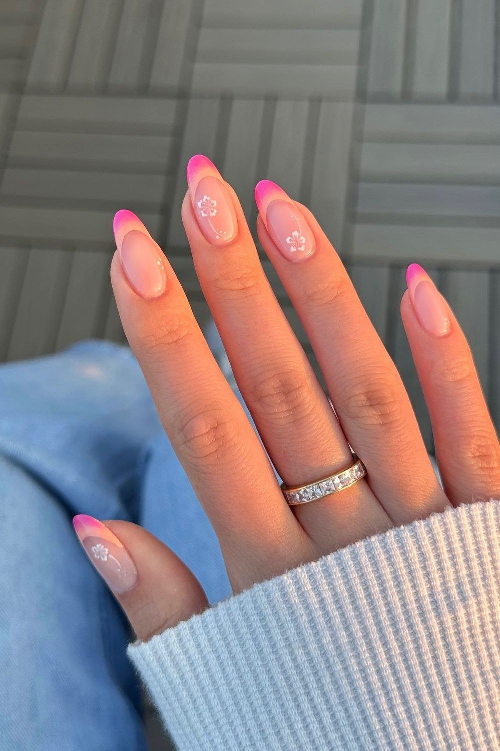 Pink Magenta Ombre French Almond Nails - A soft pink base melts into vivid magenta ombre tips on these medium almond nails.