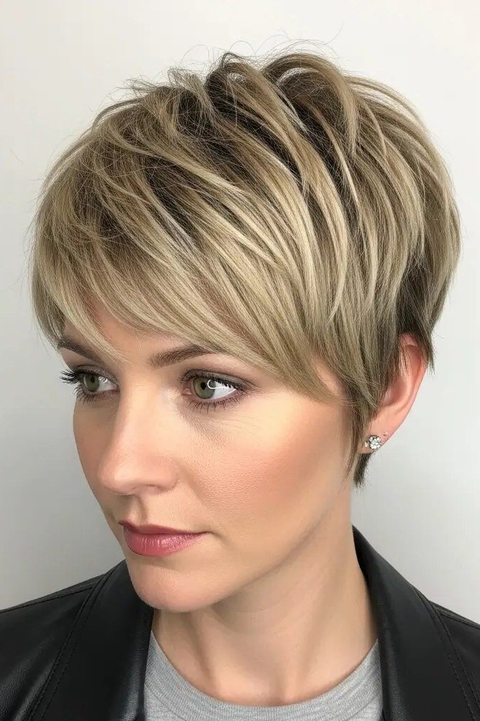 Feathered Blonde Pixie hairstyle for women over 60