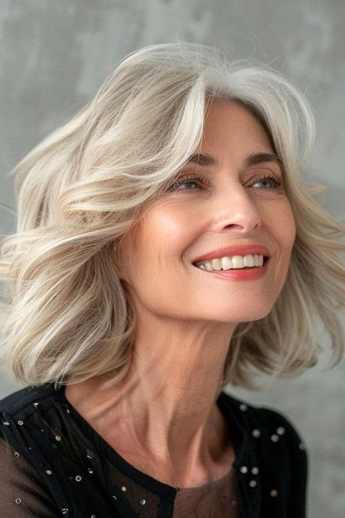 Wavy silver-gray haircut on a smiling older woman, front view, medium hairstyle for women over 60