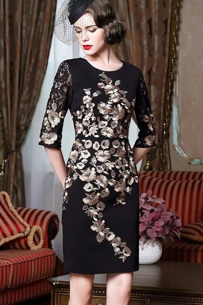 Black cocktail dress with gold floral embroidery for women over 60