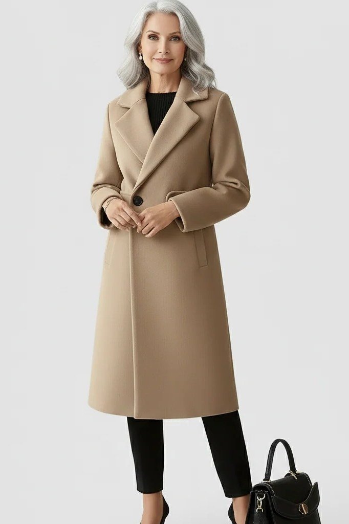 Beige trench-style coat for women over 50 at work