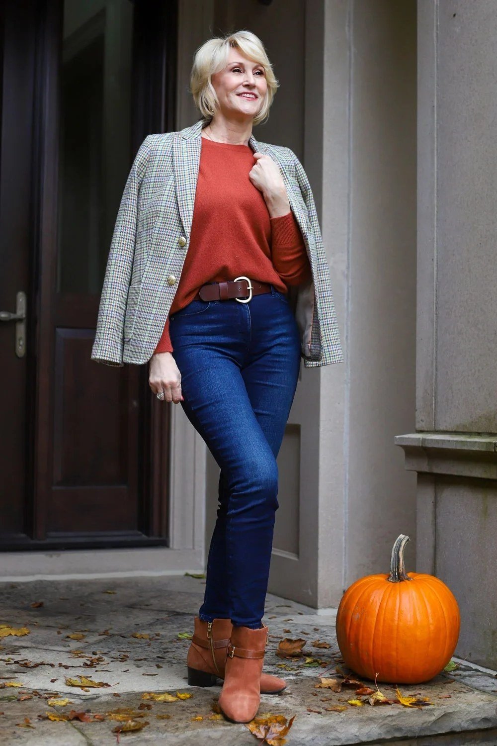 Grey Plaid Blazer with Skinny Jeans - fall outfit for women over 40