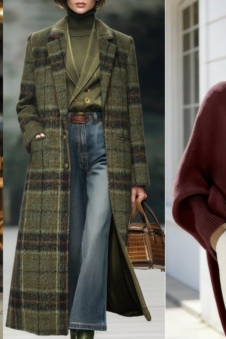Elegant fall outfit for women over 70: green plaid coat with jeans