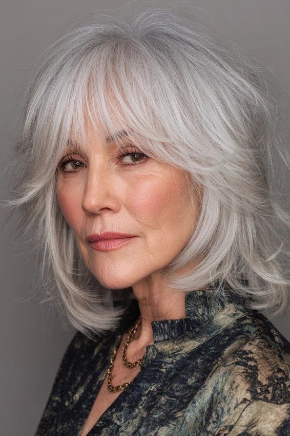 White shaggy haircut with wispy bangs for women over 60