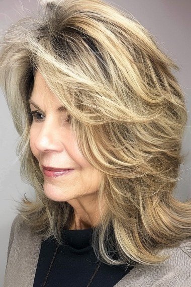 blonde voluminous shag layers, 3/4 view hairstyle for women over 70