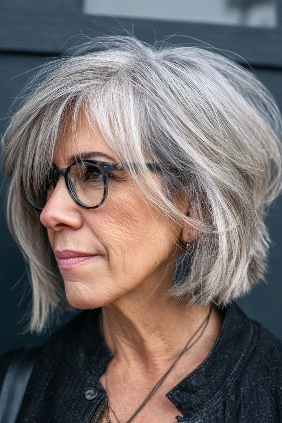 Wavy silver french bob with bangs and glasses