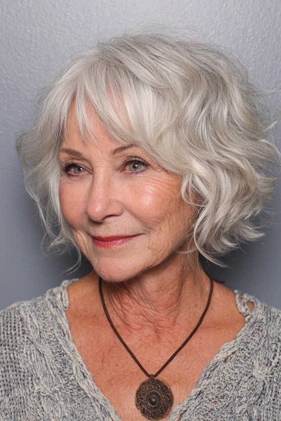 Curly silver shaggy layered bob, front view, curly silver bob haircut for women over 50