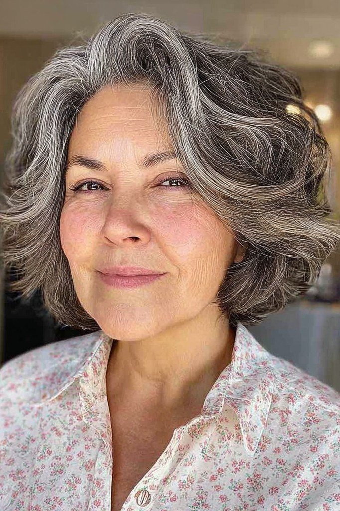 Curly Grey Shoulder-Length Hair - grey hairstyle for women over 60