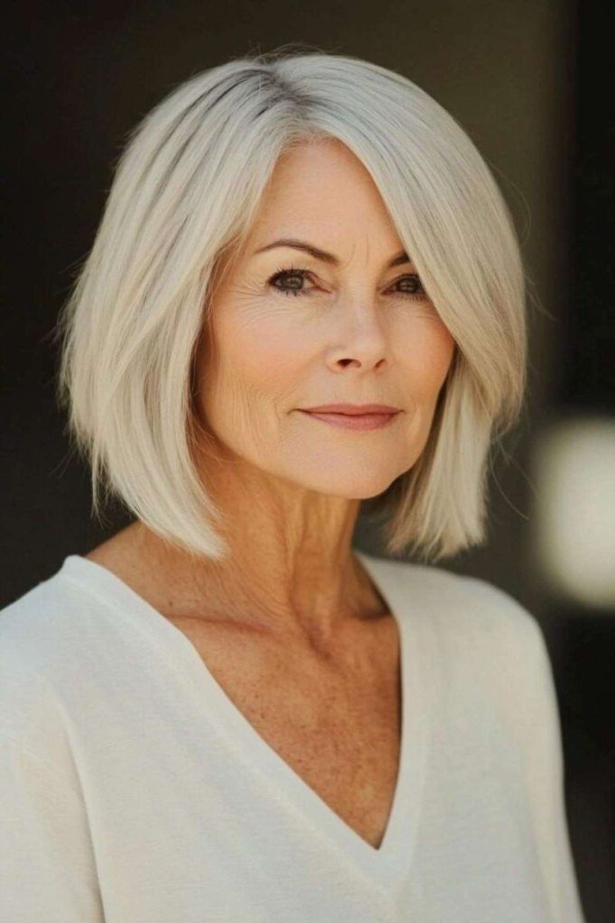 white straight bob, front view for women over 50