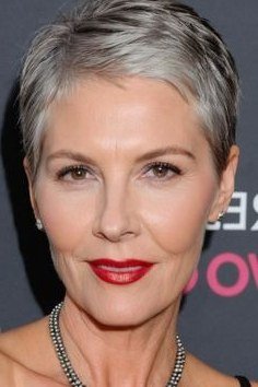Silver sleek pixie, tapered sides, front view for women over 60