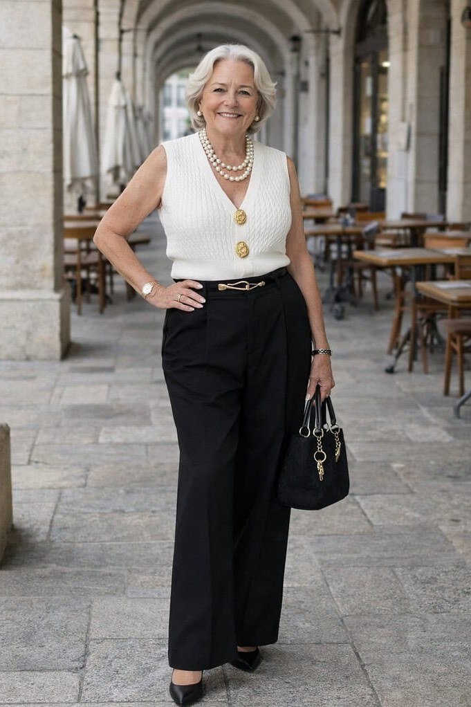 Older woman in a white sleeveless top with black wide-leg trousers and pearls